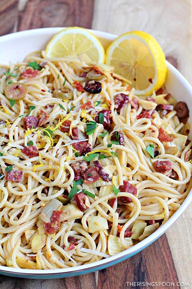 Quick & Easy Dinner: Spaghetti with Lemon, Olives & Salami