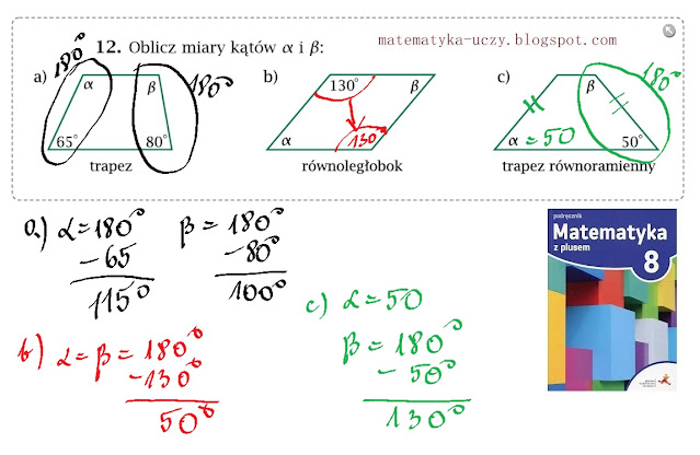 Zad. 11 i 12 str. 77  "Matematyka z plusem 8" Trójkąty i czworokąty