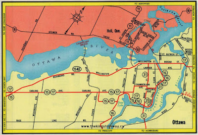 Scan of 1950's road map showing highways in Ottawa from Carling/Richmond in the west to the Rideau River in the east and south. Highways 15 (Richmond) and 17 (Carling) join and head into town along Carling, with Highway 15 ALT following Richmond and Wellington instead.