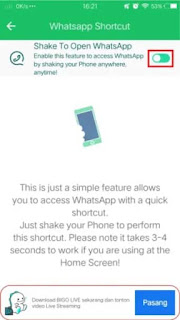 Begitu masuk ke dalam menu “shake shortcut”, klik tombol aktifkan fitur “shake to open Whatsapp”.