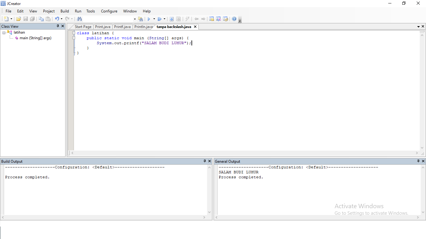 jCreator dalam Pemrograman JAVA: Fungsi Backslash \n dan \t dalam JAVA
