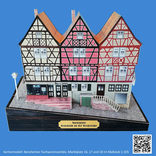 Kostenloses Kartonmodell des Fachwerkensembles auf dem Bensheimer Marktplatz im Maßstab 1:105