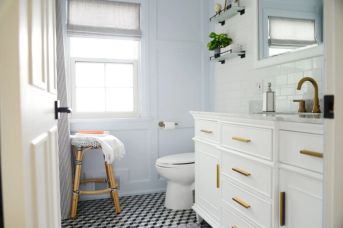diy bathroom renovation, do it yourself bathroom, bathroom design, 3d mosaic tile, gold brass shower fixture, delta trinsic