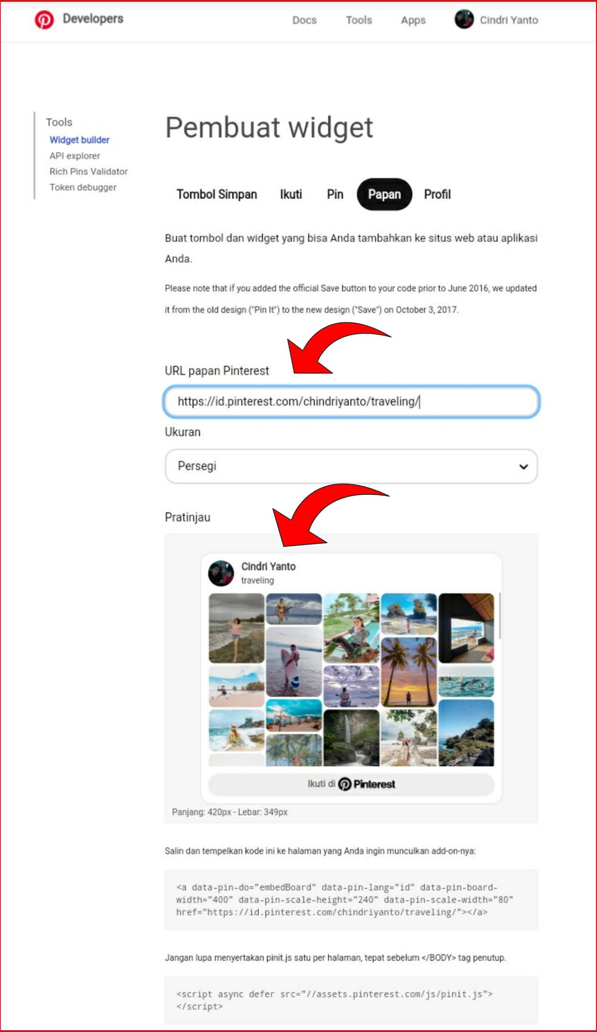 cara memasang pin atau papan pinterest di postingan blog