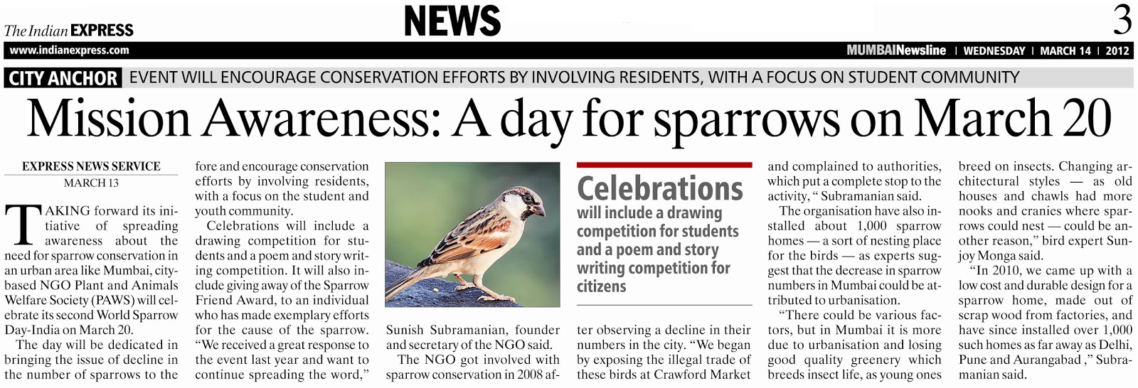 World Sparrow Day - India: The Indian Express | 14 March 2012