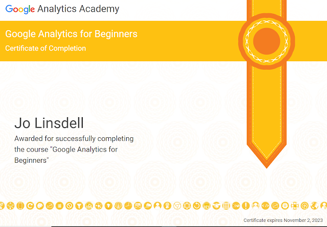 Google Analytics for Beginners certificate of completion for Jo Linsdell
