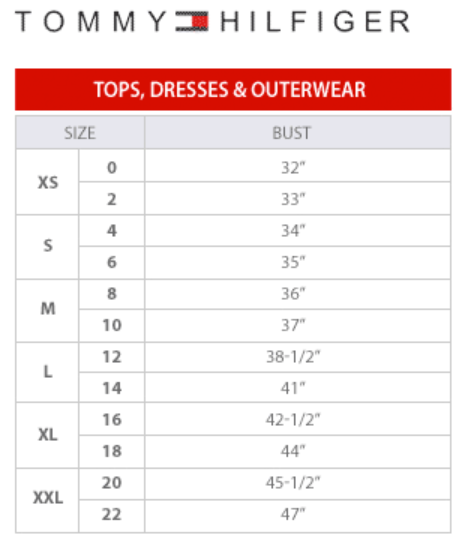 Tommy Hilfiger Size Charts