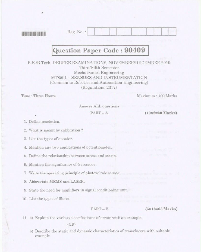 Anna University MT 8591 Sensors And Instrumentation April/May2019