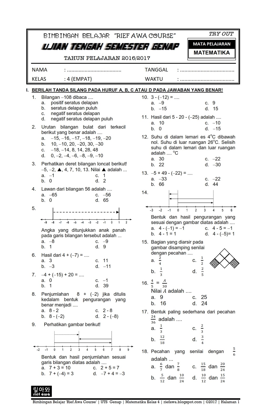 Download Soal UTS Genap Matematika Kelas 4 SD/MI Semester 2 Terbaru