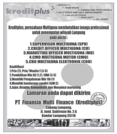 √ Lowongan Kerja PT FInansia Multi Finance (KreditPLUS) (Terbaru