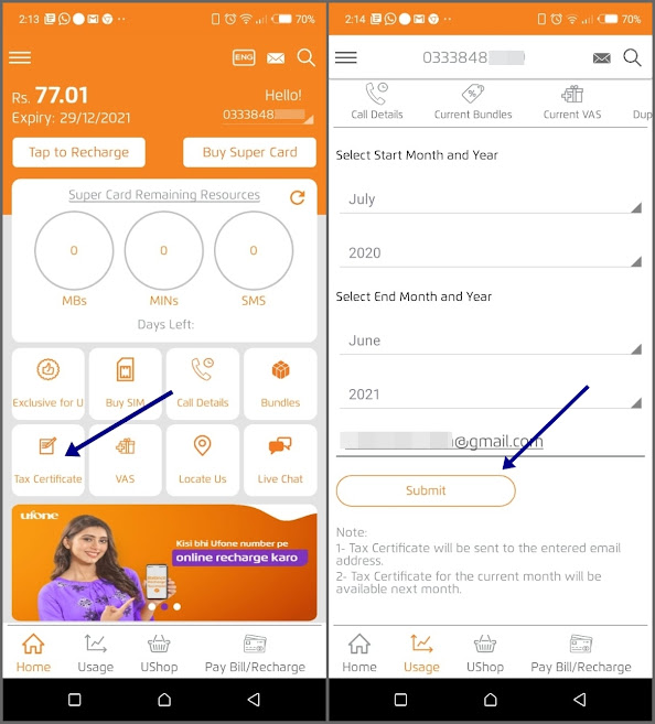 How to get Ufone Tax Certificate 2021 for filing income tax return for 2021