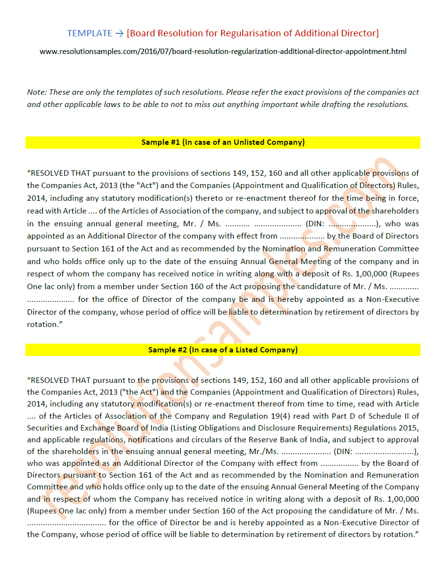 Draft Board Resolution for Regularisation of Additional Director