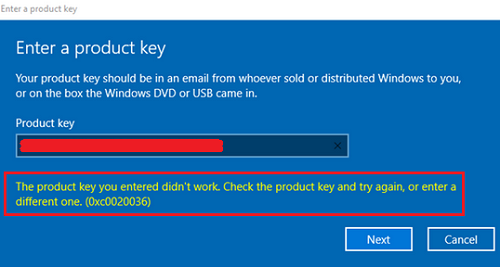 Error de activación de Windows 10 0xc0020036