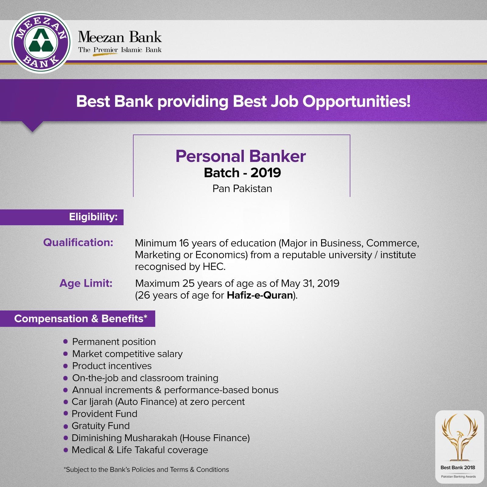 Meezan Bank Jobs 2019 For Personal Banker Batch 2019  Vacancies 250