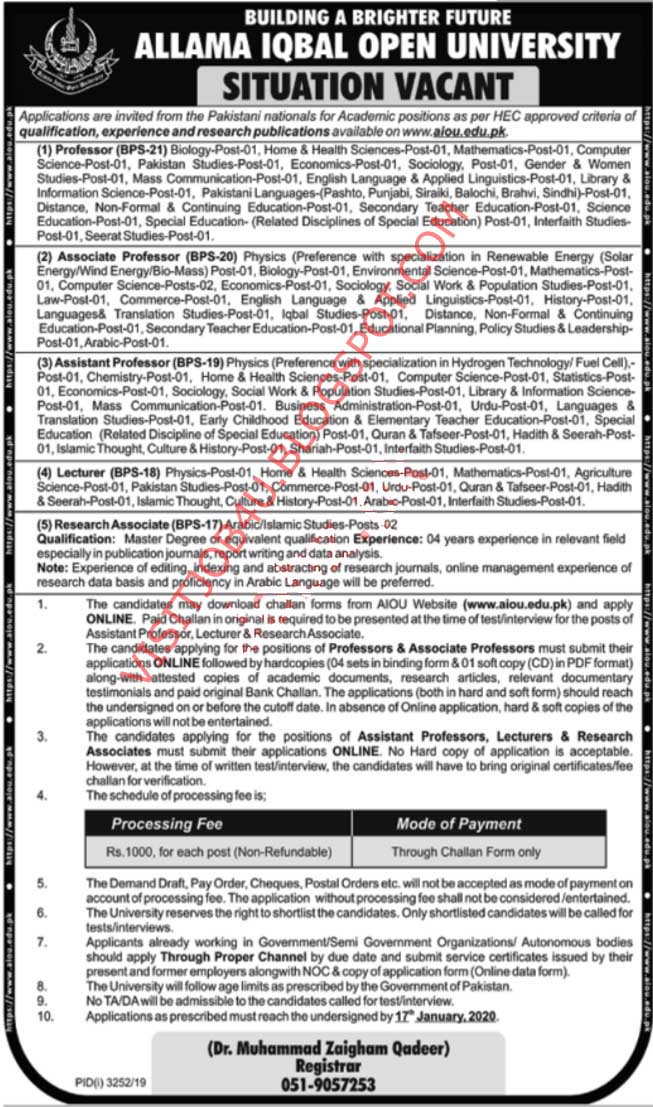 Allama Iqbal Open University AIOU Faculty Jobs in Islamabad The Daily