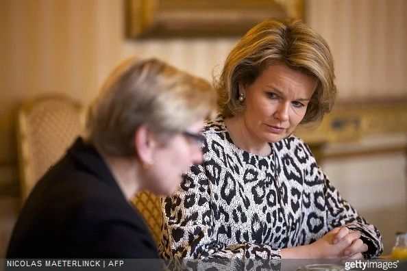 Belgian State Secretary for Poverty, Fraud and Science Elke Sleurs and Queen Mathilde of Belgium attends a presentation on poverty at the Royal Palace