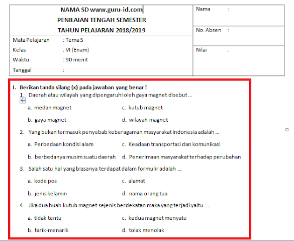 Soal Pas Kelas 1, 2, 3, 4 , 5, 6 K13 Revisi Beserta Kunci