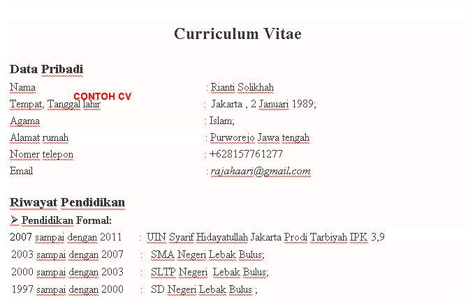 Contoh Curriculum Vitae Cv Dalam Bahasa Indonesia - Simak 