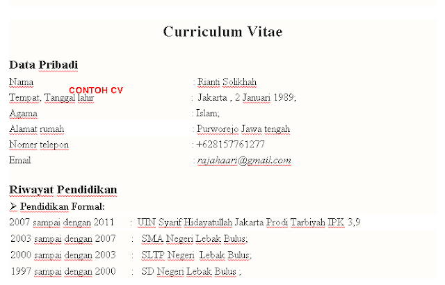 Contoh Cara Membuat CV / Curriculum Citae Yang Baik dan 