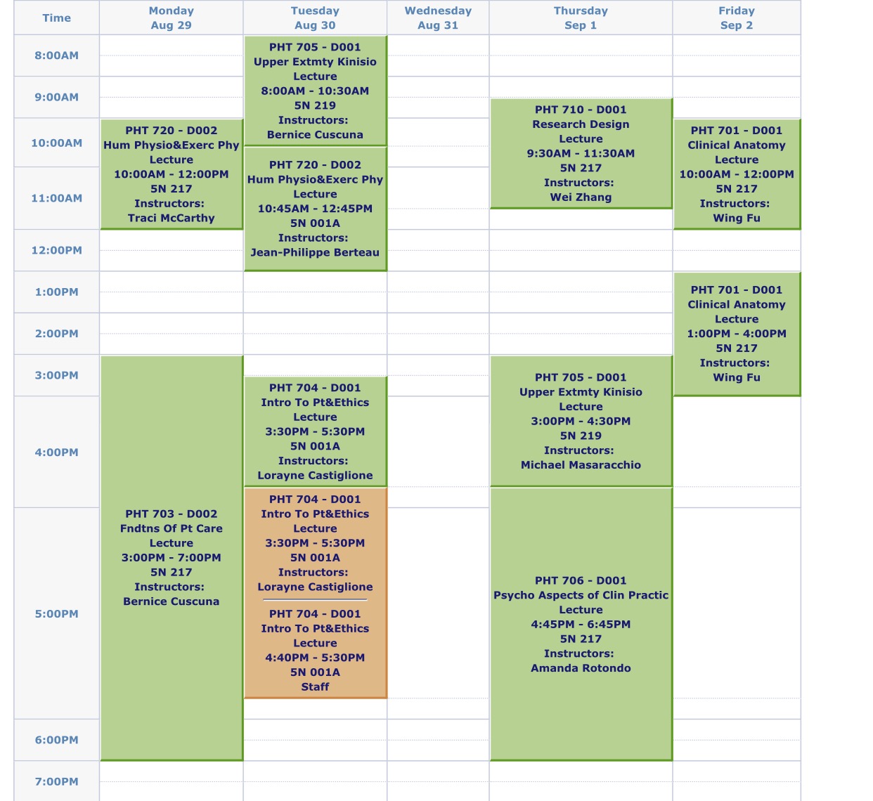 Doctorate Physical Therapy Student Schedules