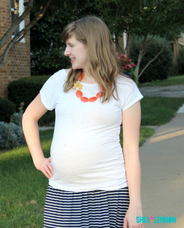 Striped maxi skirt with white tee and bright accessories - summer outfit idea | www.shealennon.com