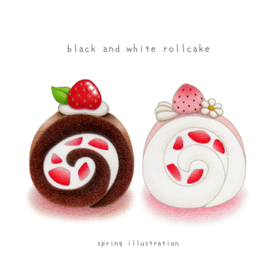 Spring Illustration 白黒ロールケーキ シンプルでかわいいイラストポストカード