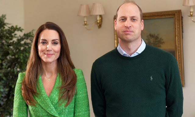 Kate Middleton wore a double breasted textured weave jacket from Zara, and gold mini cupid hoops and necklace by Daniella Draper