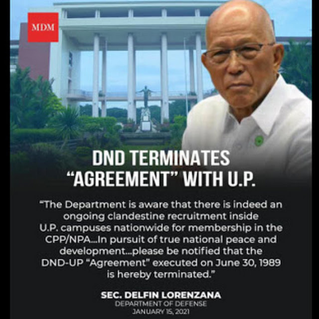 Sec. Lorenzana Anounces DND Terminates "Agreement" with UP