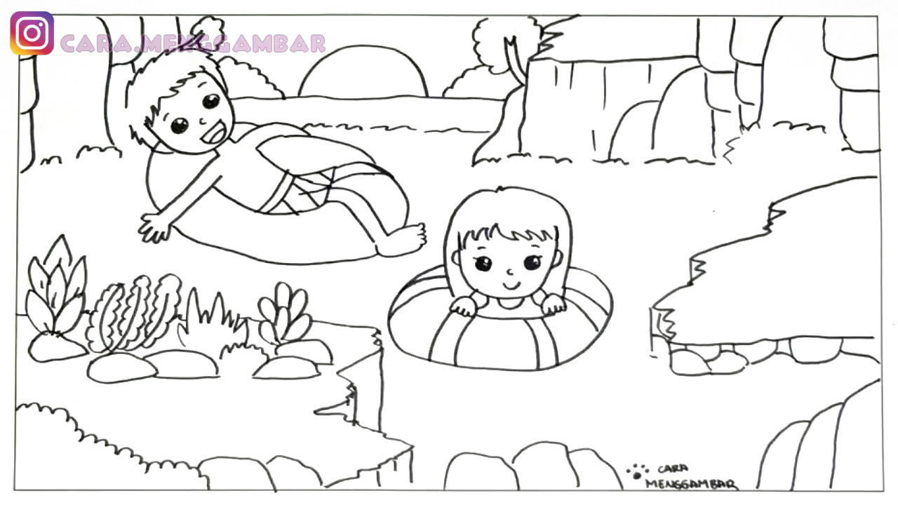 Cara Menggambar dan Mewarnai Tema PEMANDANGAN AIR TERJUN yang Bagus dan