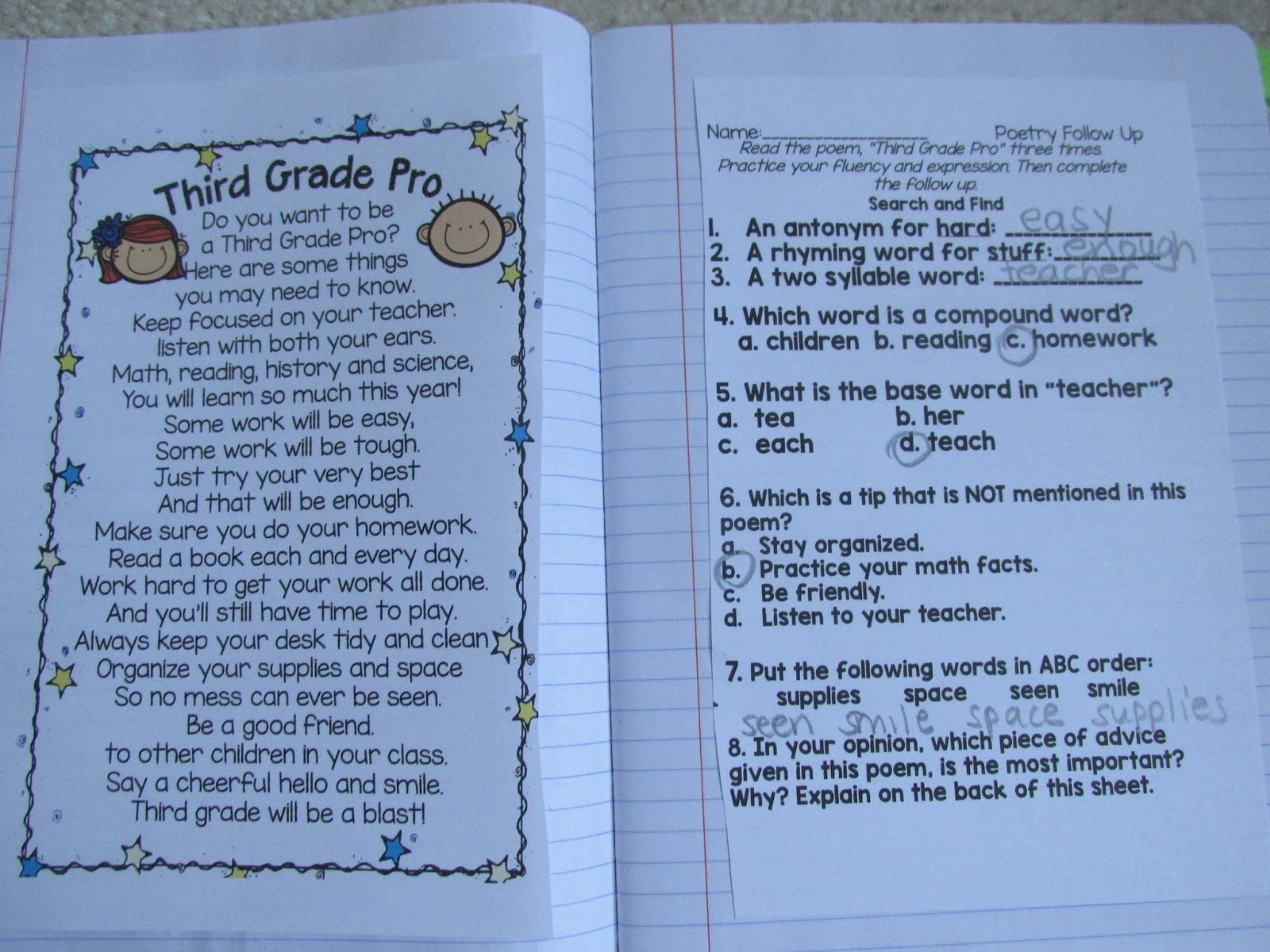Third Grade Thinkers: Back to School Poems: Setting Up a Poetry Journal