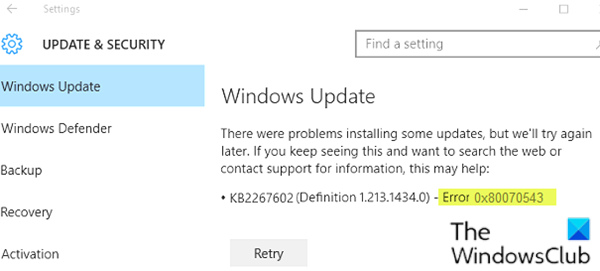 ข้อผิดพลาด Windows Update 0x80070543