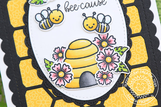 Sunny Studio Stamps: Just Bee-cause Fancy Frame Dies Frilly Frames Dies Stitched Oval Dies Just Because Card by Juliana Michaels