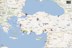 mapa Turcji z zaznaczonymi miejscami niedawnych zamachów