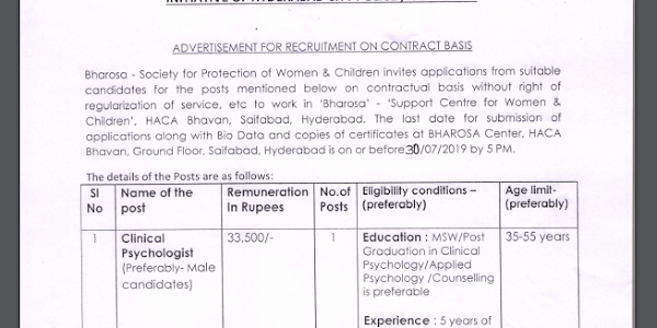 BHAROSA Support Centre Hyderabad Recruitment 2019 – Receptionist, Clinical Psychologist