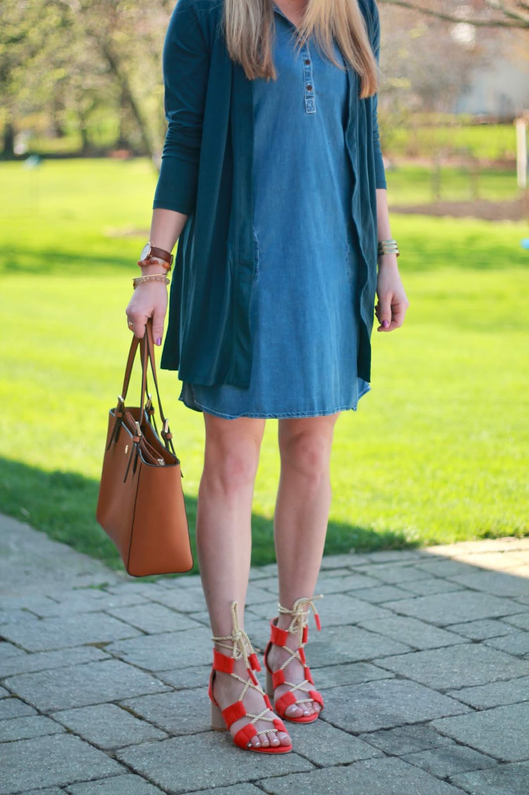 Chambray Dress With Orange Sandals & Confident Twosday Linkup - I do  deClaire