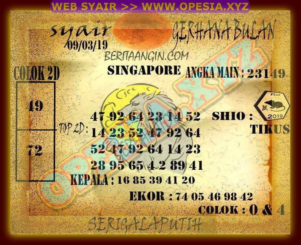 Kode Syair SGP Komplit Sabtu 9 Maret 2019 GOsyair SEDIA KODE SYAIR