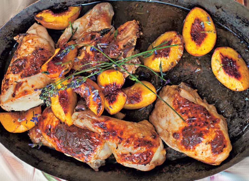 roast chicken with peaches, honey and lavender