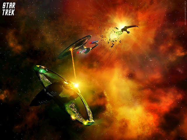 Star Trek Enterprise NCC1707D Attacking Romulan kerchan Class