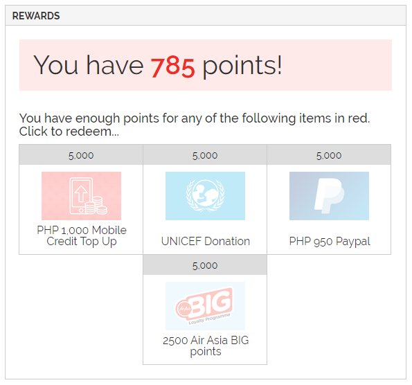 YouGov rewards: PHP 1,000 Mobile Credit Top Up, UNICEF Donation, PHP 950 Paypal, and 2500 Air Asia BIG points.