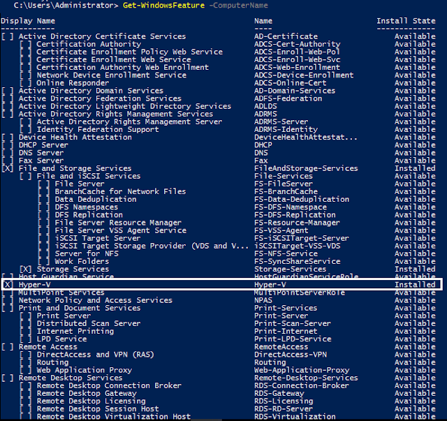 Instalação do Hyper-V no Windows Server 2016 via PowerShell