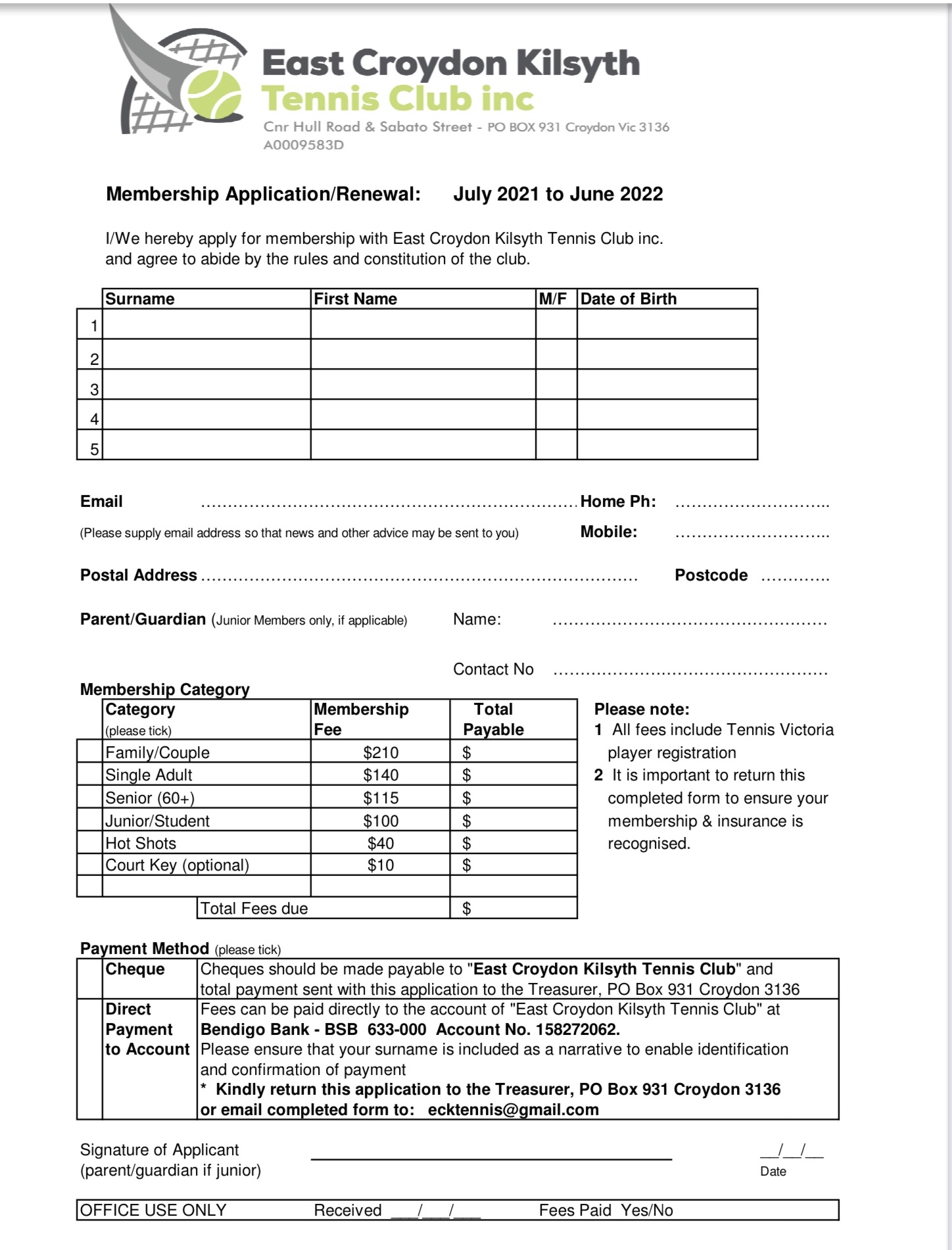 East Croydon Kilsyth Tennis Club Play tennis Membership Application Form