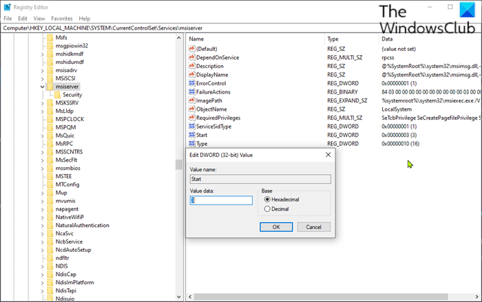 Bật hoặc tắt Windows Installer Service-Registry Editor