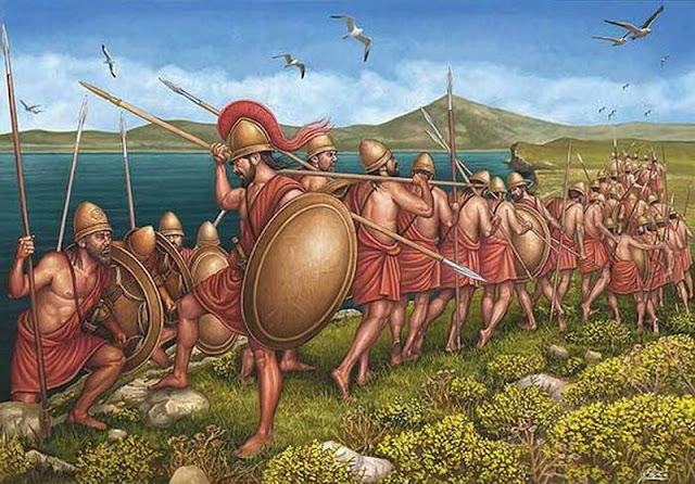 Марширующие спартанские гоплиты.  Солдаты Лисандра могли выглядеть именно так.