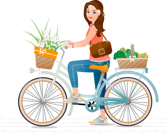 Una joven en bicicleta que en su cesta muestra flores, frutas y verduras frescas y de aspecto apetitoso