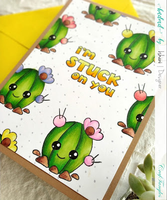 Cactus card, Craftangles stuck on you, Craftangles stamps, water colouring, Copic markers, Polychromos, Cute cards, Repetitive stamping, CAS card, Quillish
