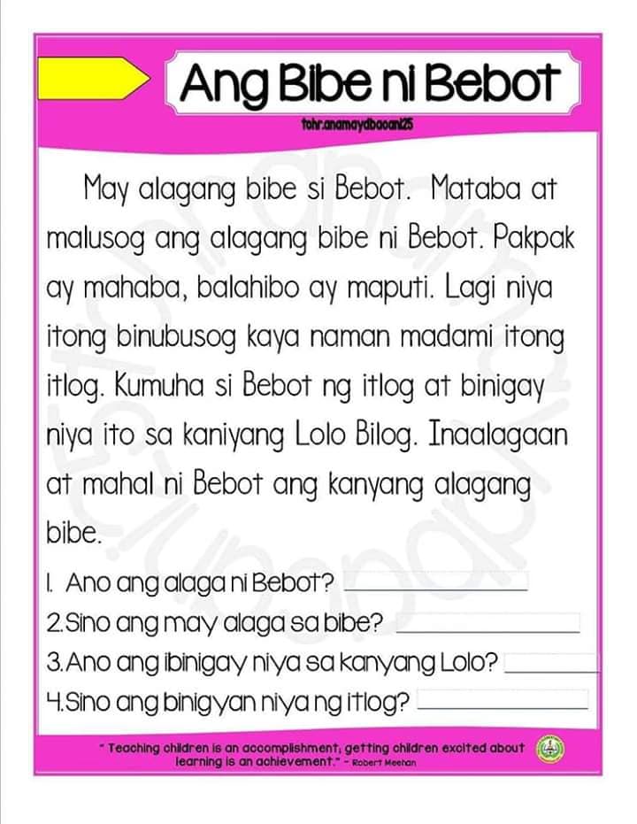Tagalog Filipino Reading Comprehension Worksheets For Grade 4 John