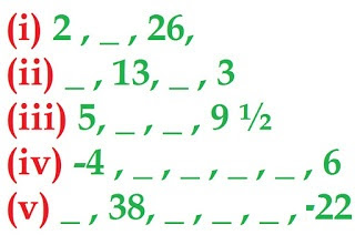 निम्नलिखित समान्तर श्रेढ़ियों में, रिक्त खानों (boxes) के पदों को ज्ञात कीजिए : (i)2, _ , 26, (ii) _, 13, _, 3 (iii)5, _, _, 9 ½  (iv) -4, _, _, _, _, 6 (v) _, 38, _, _, _, 22  19/2 = 5 + (4 – 1)d 19/2 - 5 = 3d (19 - 10)/2 = 3d 9/2 = 3d d = 9/2x3 d = 3/2 a3 = a + 2d (सूत्र ) a2 = a + d (सूत्र) निम्नलिखित में सही उत्तर चुनिए और उसका औचित्य दीजिए : (i)A.P. 10, 7, 4,...., का 30 वाँ पद है: (A)97            (B)77            (C)-77            (D)-87 (ii)A.P. -3, -1/2, 2,...., का 11 वाँ पद है: (A)28            (B)22            (C)-38            (D)-48 1/2 प्रथम पद (a) = -3,  सार्व अंतर (d) = -1/2 - (-3) = -1/2 + 3 = (-1 + 6)/2 = 5/2 n वाँ पद = 11 an = ? सूत्र :- an = a + (n – 1)d an = -3 + (11 – 1)5/2 an = -3 + 10 x 5/2 an = -3 + 5 x 5 an = -3 + 25 an = 22  निम्नलिखित सारणी में, रिक्त स्थानों को भरिए, जहाँ AP का प्रथम पद a, सार्व अंतर d और n वाँ पद an है:  a d n an (i) 7 3 8 ... (ii) -18 ... 10 0 (iii) ... -3 18 -5 (iv) -18.9 2.5 ... 3.6 (v) 3.5 0 105 ... (i) दिया है : a = 7, d = 3, n = 8 an = ? सूत्र :- an = a + (n – 1)d an = 7 + (8 – 1)3 an = 7 + 7 x 3 an = 7 + 21 an = 28  निम्नलिखित में से कौन – कौन A.P. हैं? यदि कोई A.P. हैं, तो इसका सार्व अंतर ज्ञात कीजिए और इनके तीन और पद लिखिए / (i) 2, 4, 8 , 16, ...     (ii) 2, 5/2, 3, 7/2, ... (iii) -1.2, -3.2, -5.2, -7.2, ...     (iv) -10, -6, -2, 2, ... (v) 3, 3 + √2, 3 + 2√2, 3 + 3√2, ... (vi) 0.2, 0.22, 0.222, 0.2222, ... (vii) 0, -4, -8, -12, ...                    (viii) -1/2, -1/2, -1/2, -1/2, ... (ix) 1, 3, 9, 27, ...                         (x) a, 2a, 3a, 4a, ... (xi) a, a2, a3, a4, ...                         (xii) √2, √8, √18, √32, ... (xiii) √3, √6, √9, √12, ...             (xiv) 12, 32, 52, 72, ... (xv) 12, 52, 72, 73, ... निम्नलिखित में से प्रत्येक A.P. के लिए प्रथम पद तथा सार्व अंतर लिखिए : (i) 3, 1, -1, -3,.....                (ii) -5, -1, 3, 7, ..... (iii) 1/3, 5/3, 9/3, 13/3, ..... (iv) 0.6, 1.7, 2.8, 3.9, ..... दी हुई A.P. के प्रथम चार पद लिखिए, जबकि प्रथम पद a और सार्व अंतर d निम्नलिखित हैं : (i) a = 10, d = 10            (ii) a = -2, d = 0 (iii) a = 4, d = -3            (iv) a = -1, d = ½  (v) a = -1.25, d = -0.25 (a1) = a1 + d  निम्नलिखित स्थितियों में से किन स्थितियों में संबद्ध संख्याओं की सूची A.P. है और क्यों? (i) प्रत्येक किलो मीटर के बाद का टैक्सी का किराया, जबकि प्रथम किलो मीटर के लिए किराया Rs. 15 है और प्रत्येक अतिरिक्त किलो मीटर के लिए किराया Rs. 8 है/ (ii) किसी बेलन (cylinder) में उपस्थित हवा की मात्रा, जबकि वायु निकालने वाला पम्प प्रत्येक बार बेलन की शेष हवा का ¼ भाग बाहर निकाल देता है/ (iii) प्रत्येक मीटर की खुदाई के बाद, एक कुआँ खोदने में आई लागत, जबकि प्रथम मीटर खुदाई की लागत Rs.150 है और बाद में प्रत्येक मीटर खुदाई की लागत Rs.50 बढ़ती जाती है/ (iv) खाते में प्रत्येक वर्ष का मिश्रधन, जबकि Rs. 10000 की राशि 8% वार्षिक की दर से चक्रवृद्धि ब्याज पर जमा की जाती है/  (ii) दर = 8% वार्षिक ,  मूलधन (a1) = 10000 1 वर्ष बाद मिश्रधन(a2) = 10000 ( 1 + 8/100 )1 = 10000 (1 + 0.08) =  10000 (1.08) = 10800 2 वर्ष बाद मिश्रधन(a3)  = 10800 ( 1 + 8/100 )1 = 10800 (1 + 0.08) =  10800 (1.08) = 11664 3 वर्ष बाद मिश्रधन(a4)  = 11664 ( 1 + 8/100 )1 = 11664 (1 + 0.08) =  11664 (1.08) = 12597 मिश्रधन = मूलधन ( 1 + दर / 100)समय   a2 – a1 = 10800 – 10000 = 800 a3 – a2 = 11664 – 10800 = 864 a4 – a3 = 12597 – 11664 = 933 2, 5/2, 3 , 7/2, ... a1 = 2, a2 = 5/2, a3 = 3, a4 = 7/2 a2 – a1 = 5/2 – 2 = 1/2 a3 – a2 = 3 – 5/2 = ½ a4 – a3 = 7/2 – 3 = ½ पाँचवाँ  पद (a5) = a4 + d छठा पद (a6) = a5 + d सातवाँ पद (a7) = a6 + d  a2 – a1 = ¾ x – x = 3x – 4x    = - ¼ x a3 – a2 = 9/16 x - ¾ x  a4 – a3 =    समान्तर श्रेढ़ी, Arithmetic Progression   समान्तर श्रेढ़ी, समान्तर श्रेणी, समान्तर श्रेणी के सवाल, समान्तर श्रेणी फार्मूला, समान्तर श्रेणी के प्रश्न, समान्तर श्रेणी के सूत्र, समान्तर श्रेणी के सभी सूत्र, समान्तर श्रेणी प्रश्न, समान्तर श्रेणी class 10, समान्तर श्रेणी के पदों का योग, समान्तर श्रेढ़ी, समान्तर श्रेणी pdf, समान्तर श्रेणी class 10, समान्तर श्रेणी के सवाल, समान्तर श्रेणी क्लास १०, समांतर श्रेणी सूत्र, समान्तर श्रेणी in english, समांतर श्रेणी के सवाल, समांतर श्रेढ़ी 10, NCERT Solutions for Mathematics Class 10th, UP Board कक्षा 10 गणित, rkmsb.blogspot.com, NCERT10, class10, कक्षा 10, #rkmschannel, #NCERT10, ranjeet kumar, ranjeetsir, Arithmetic Progression, arithmetic progression in hindi, arithmetic progression formula, arithmetic progression questions, arithmetic progression sum formula, arithmetic progression class 10, arithmetic progression questions class 10, arithmetic progression properties, arithmetic progression examples, arithmetic progression class 11, arithmetic progression definition, What is the arithmetic progression formula?, What is arithmetic progression with example?, How do you find the sum of an arithmetic series?, What is the difference between arithmetic progression and geometric progression?, Who introduced arithmetic progression?, What is the use of arithmetic progression?, What is nth term in arithmetic progression?, How do you find the common difference in arithmetic progression?, What are the types of progression?, What is the formula of sum of AP?, How do you find the sum of a finite arithmetic series?, What is the sum of the first 100 numbers?, What is sum of arithmetic progression?, What are the 4 types of sequence?, What is geometric and arithmetic progression?, Who is the father of maths?, Who is the father of arithmetic?, Who is the Prince of maths?, What is arithmetic progression in simple words?, What are the advantages of arithmetic mean?, What is the formula for finding the nth term?, What is r in GP?, How do you find the nth term of an end?, What is a common ratio?, Can the common difference in an arithmetic sequence be negative?, How do you find out if a number is in an arithmetic sequence?, What is exercise progression?, How do you explain arithmetic progression?, What is arithmetic progression with example?, What is infinite arithmetic progression?, What is the formula of arithmetic series?, Who invented arithmetic progression?, What is nth term in arithmetic progression?, What is arithmetic calculation?, What is the formula for last term of an AP?, How do you find the nth term of an AP end?,