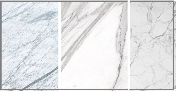 A picture of different types of marble remnants, including Carrara, Calacatta, and Statuario