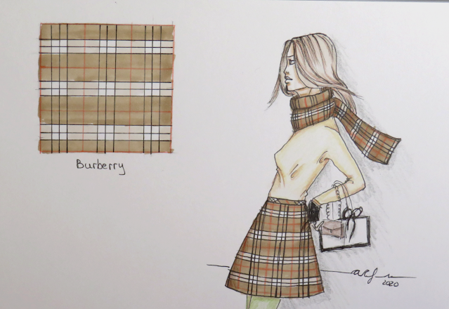 Ilustración de ejemplo en una falda y una bufanda de cuadros Burberry