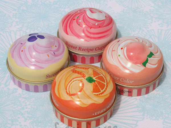 Etude House Cupcake All Over Colors - Peach Sugar Cake, Orange Shoe Cake, Strawberry Chiffon Cake & Blueberry Cheesecake Swatches & Review